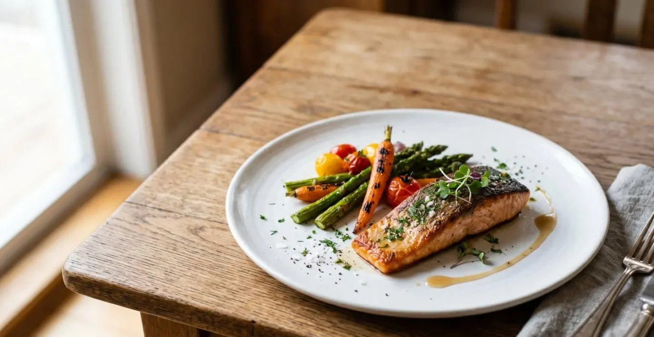 Elegantly plated dish showcasing professional food presentation techniques on a minimalist white plate with intentional negative space