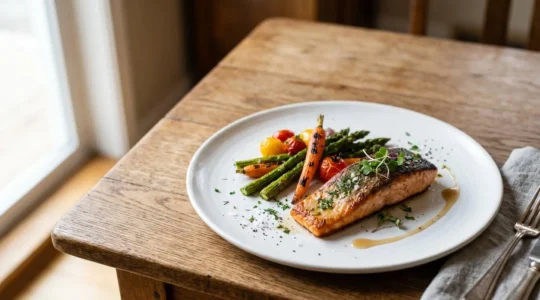 Elegantly plated dish showcasing professional food presentation techniques on a minimalist white plate with intentional negative space