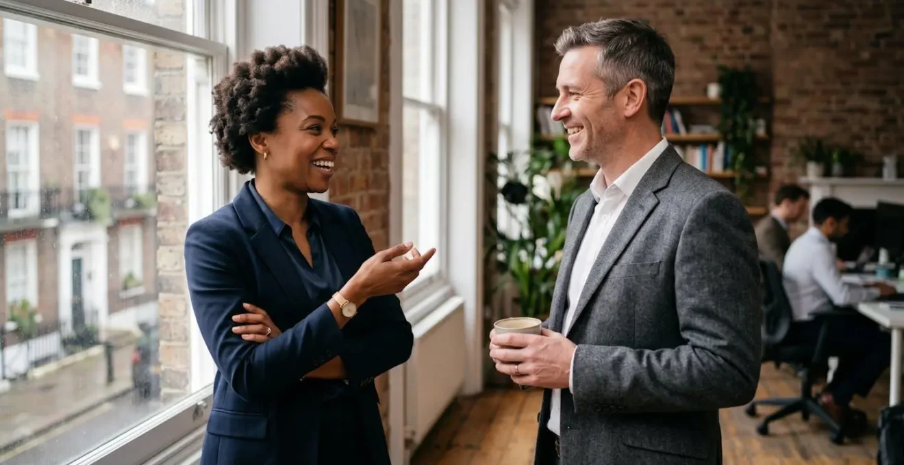 Professional business conversation in a modern British office setting with natural window light creating an atmosphere of genuine connection and trust