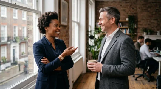 Professional business conversation in a modern British office setting with natural window light creating an atmosphere of genuine connection and trust
