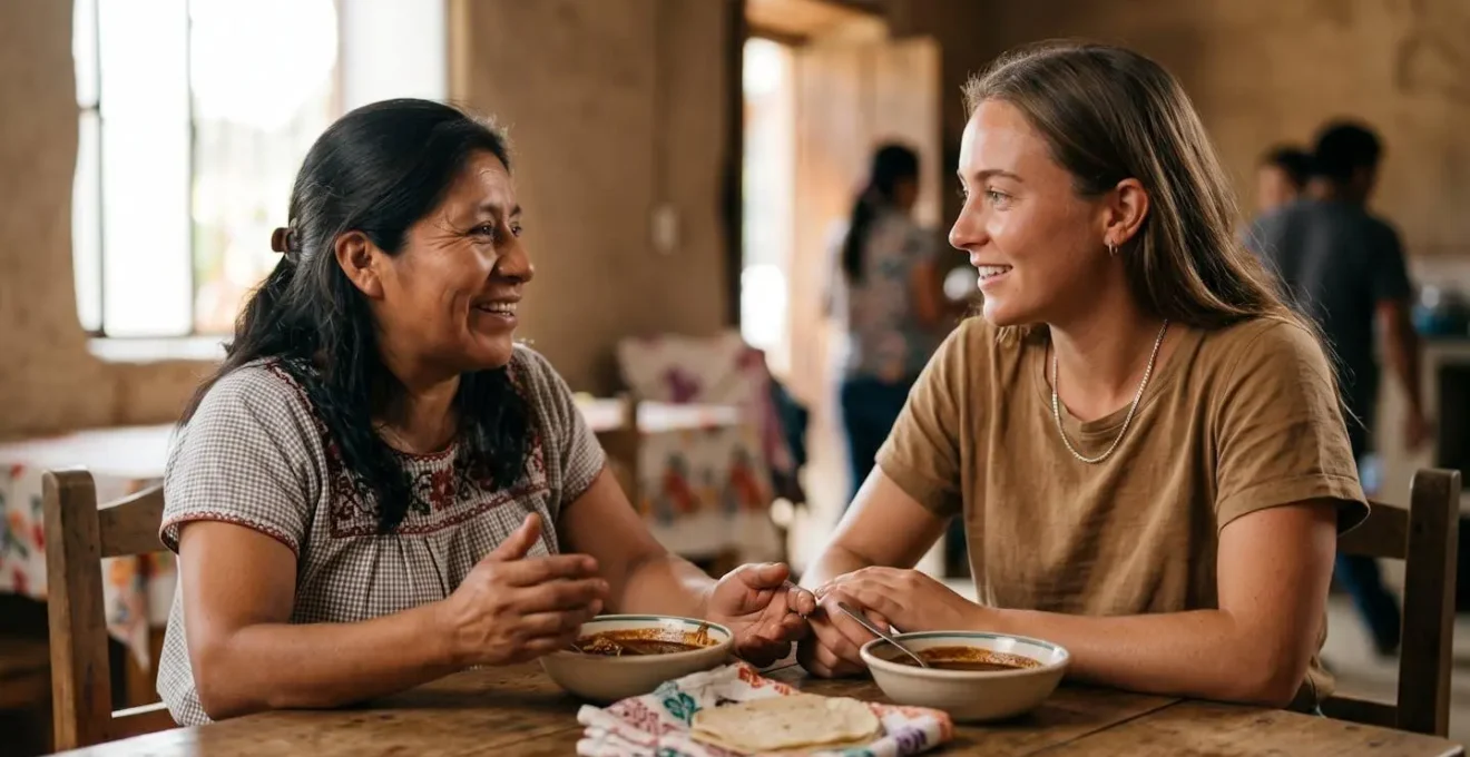 Two travelers sharing a genuine moment of connection during a cultural exchange