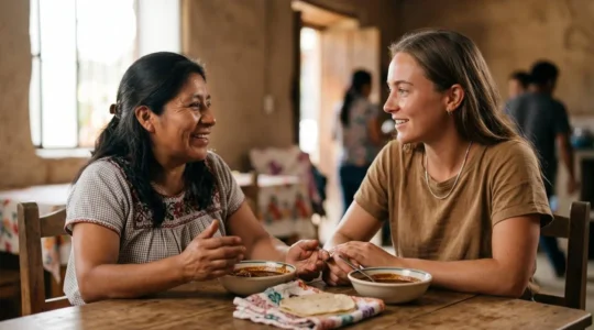 Two travelers sharing a genuine moment of connection during a cultural exchange