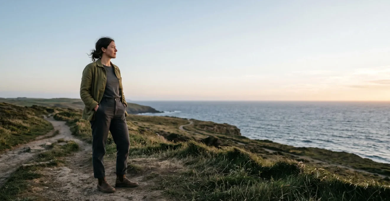 Person standing confidently in natural outdoor setting expressing authentic personal style through body language and presence