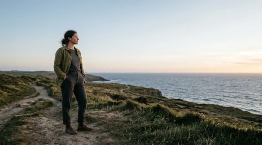 Person standing confidently in natural outdoor setting expressing authentic personal style through body language and presence