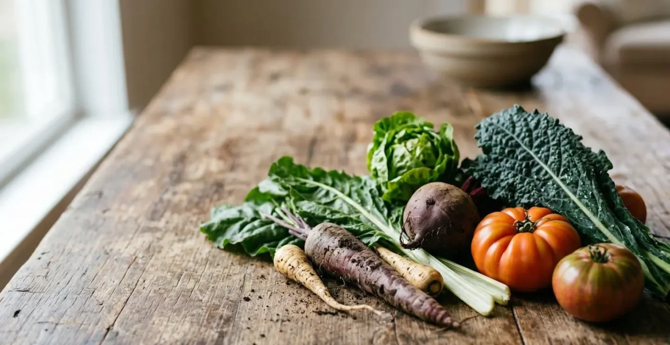 Fresh organic vegetables with natural earthy textures displayed in authentic market setting