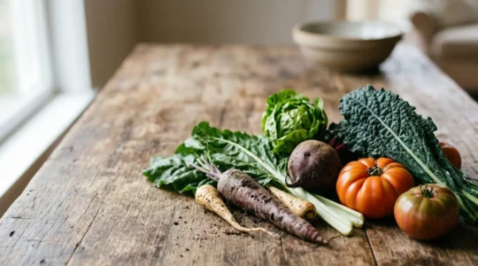 Fresh organic vegetables with natural earthy textures displayed in authentic market setting