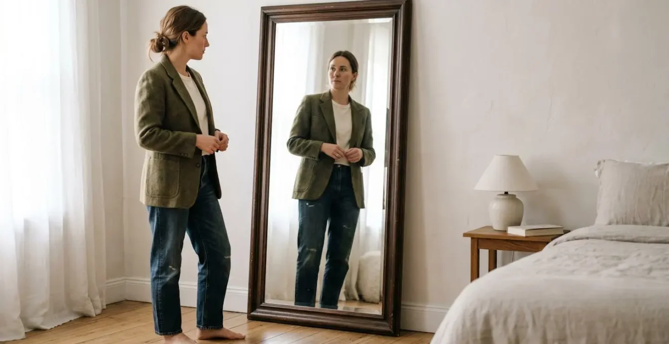 A contemplative individual examining their genuine reflection in natural light, representing authentic self-expression through style
