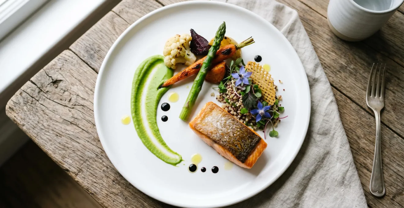 A beautifully plated gourmet dish showcasing artistic food presentation with balanced composition and negative space