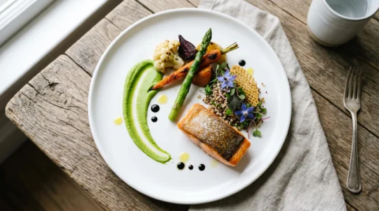 A beautifully plated gourmet dish showcasing artistic food presentation with balanced composition and negative space