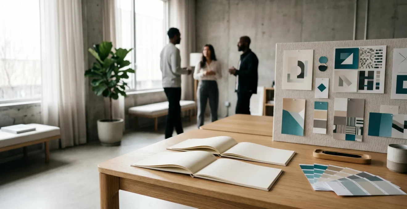 A minimalist office workspace showing brand guidelines and collaborative team environment representing systematic brand management