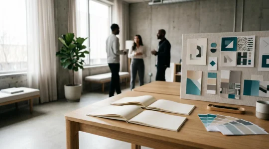 A minimalist office workspace showing brand guidelines and collaborative team environment representing systematic brand management