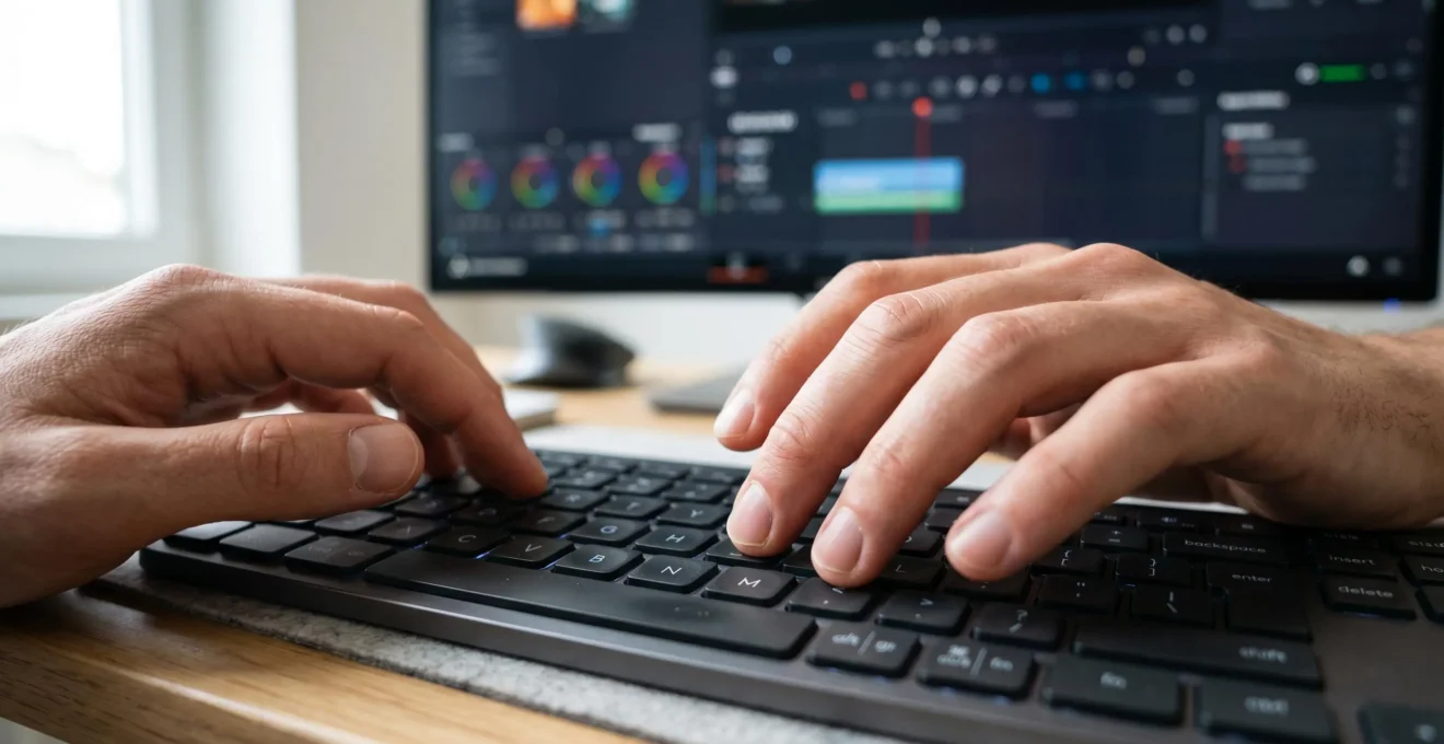 Extreme close-up of hands typing on a keyboard with a blurred computer screen visible in soft-focus background, on a clean modern desk