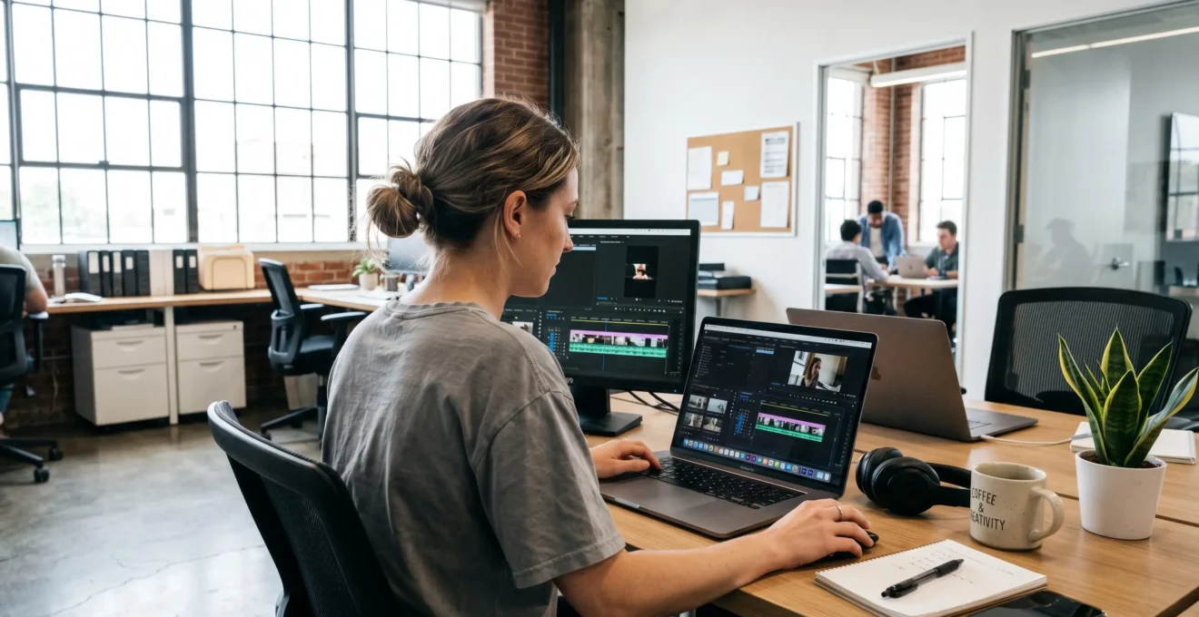 A content creator sits at a modern desk reviewing video editing software on a laptop screen, with natural daylight illuminating the workspace
