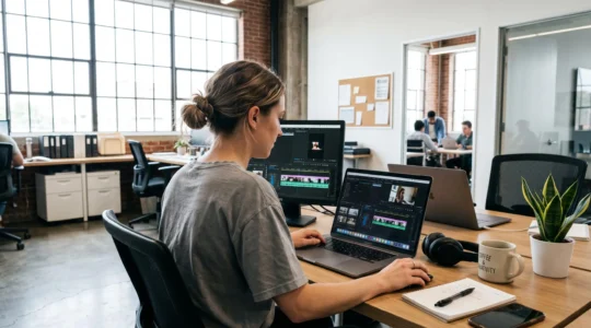 A content creator sits at a modern desk reviewing video editing software on a laptop screen, with natural daylight illuminating the workspace
