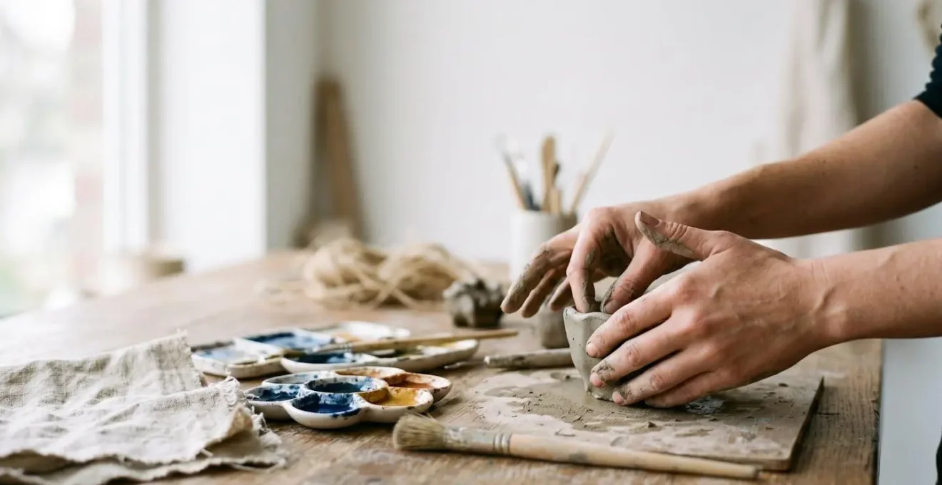 A person's hands engaged in spontaneous creative activity with natural materials in soft natural light, emphasizing the process over the outcome