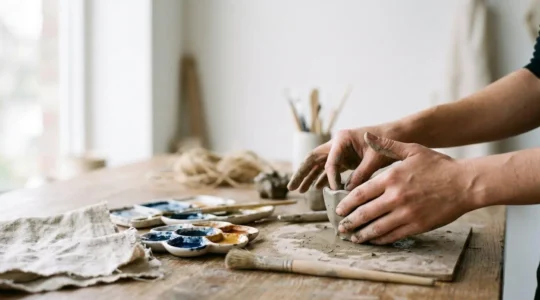 A person's hands engaged in spontaneous creative activity with natural materials in soft natural light, emphasizing the process over the outcome