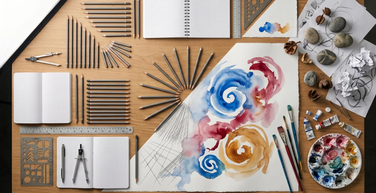 A conceptual representation of structured creativity meeting spontaneous expression in a modern creative workspace