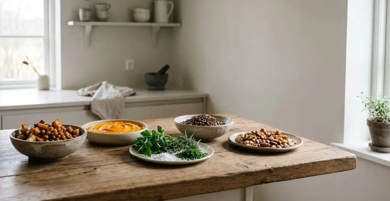 Professional culinary scene showcasing textural contrast in gourmet cooking with layered ingredients and creative plating
