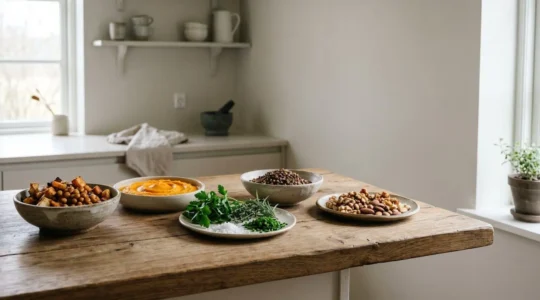 Professional culinary scene showcasing textural contrast in gourmet cooking with layered ingredients and creative plating