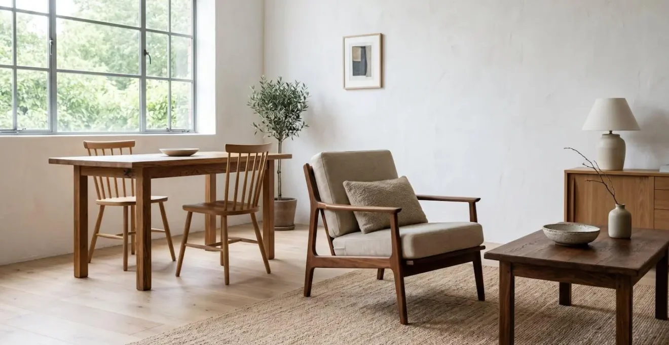 Elegant living space showcasing high-quality solid wood furniture pieces with natural textures and timeless design