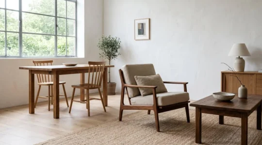 Elegant living space showcasing high-quality solid wood furniture pieces with natural textures and timeless design
