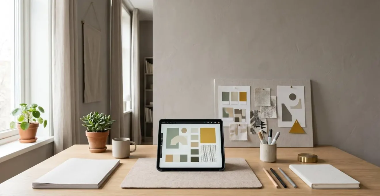 Professional designer workspace showing template customization process with brand elements and design tools in natural light