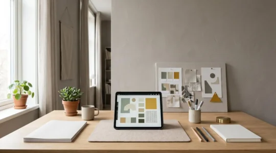 Professional designer workspace showing template customization process with brand elements and design tools in natural light