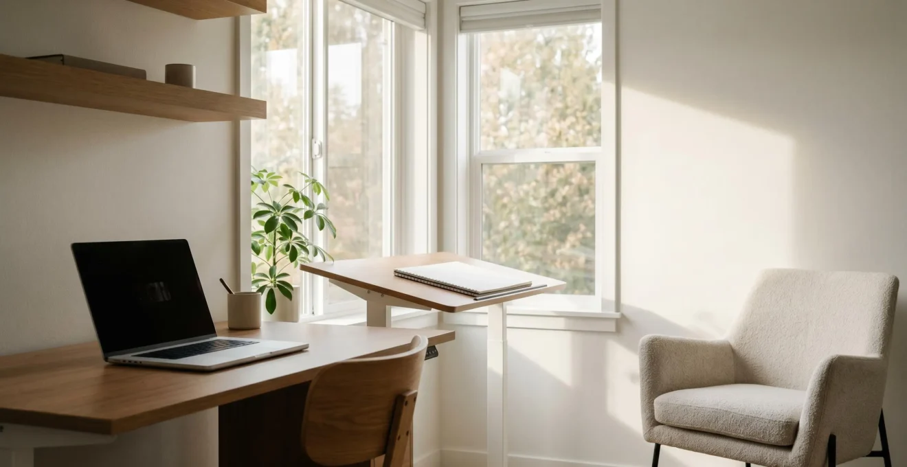 A thoughtfully designed creative workspace with natural light, ergonomic furniture, and distinct zones for different work modes