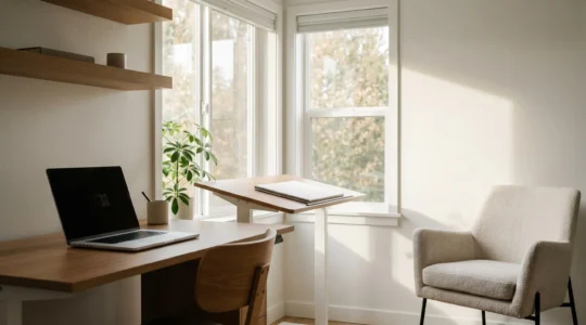 A thoughtfully designed creative workspace with natural light, ergonomic furniture, and distinct zones for different work modes