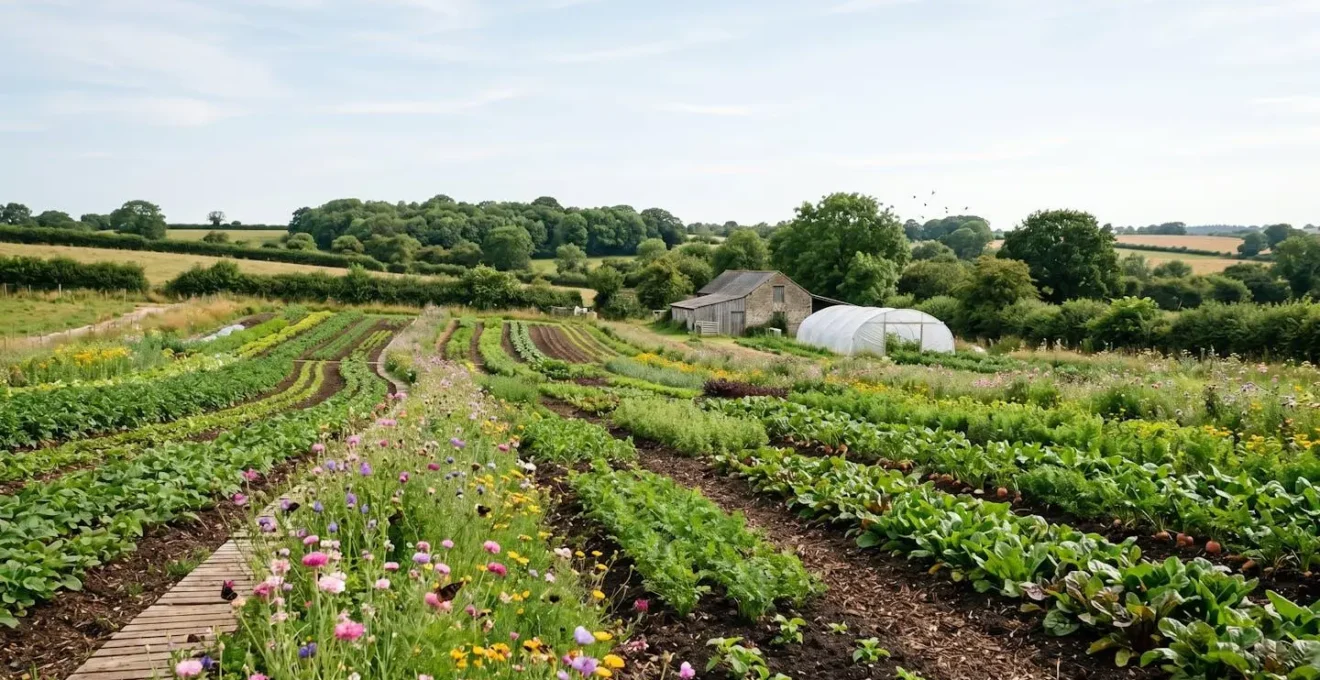 Diverse heritage vegetables and grains arranged on rich organic soil with visible mycorrhizal networks and earthworms in natural daylight