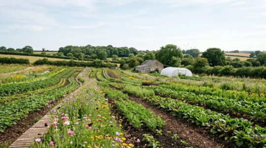 Diverse heritage vegetables and grains arranged on rich organic soil with visible mycorrhizal networks and earthworms in natural daylight