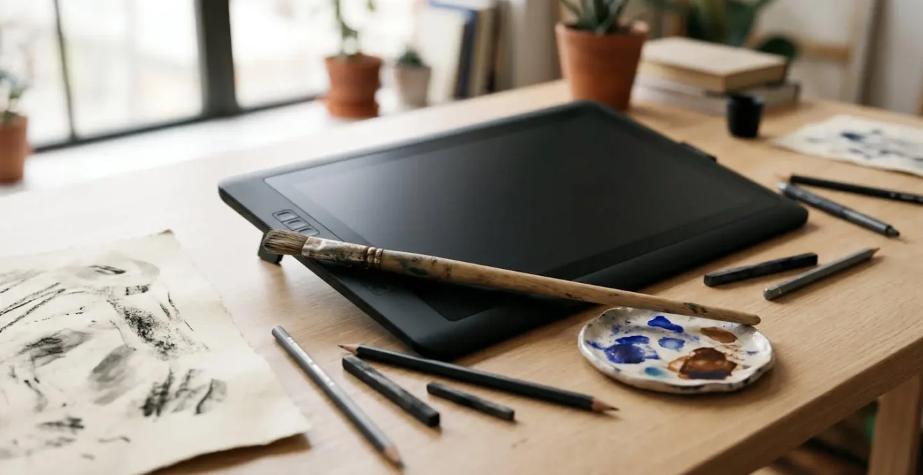 A professional digital illustration workspace blending traditional and digital artistic tools in natural harmony