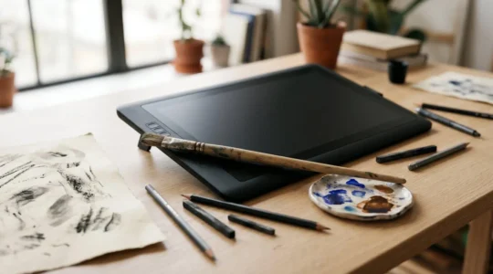 A professional digital illustration workspace blending traditional and digital artistic tools in natural harmony