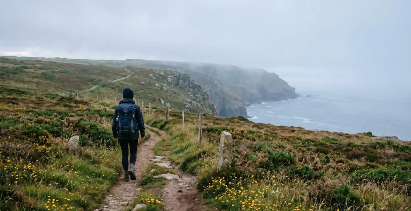 Traveler exploring pristine European landscape with sustainable tourism practices