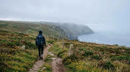 Traveler exploring pristine European landscape with sustainable tourism practices