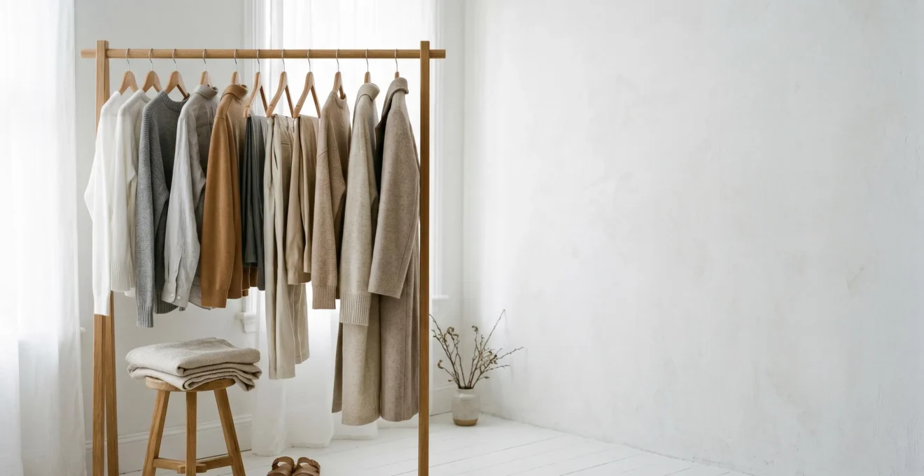 Morning light streaming through window onto minimal wardrobe setup with natural textile details