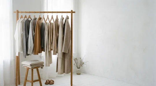 Morning light streaming through window onto minimal wardrobe setup with natural textile details