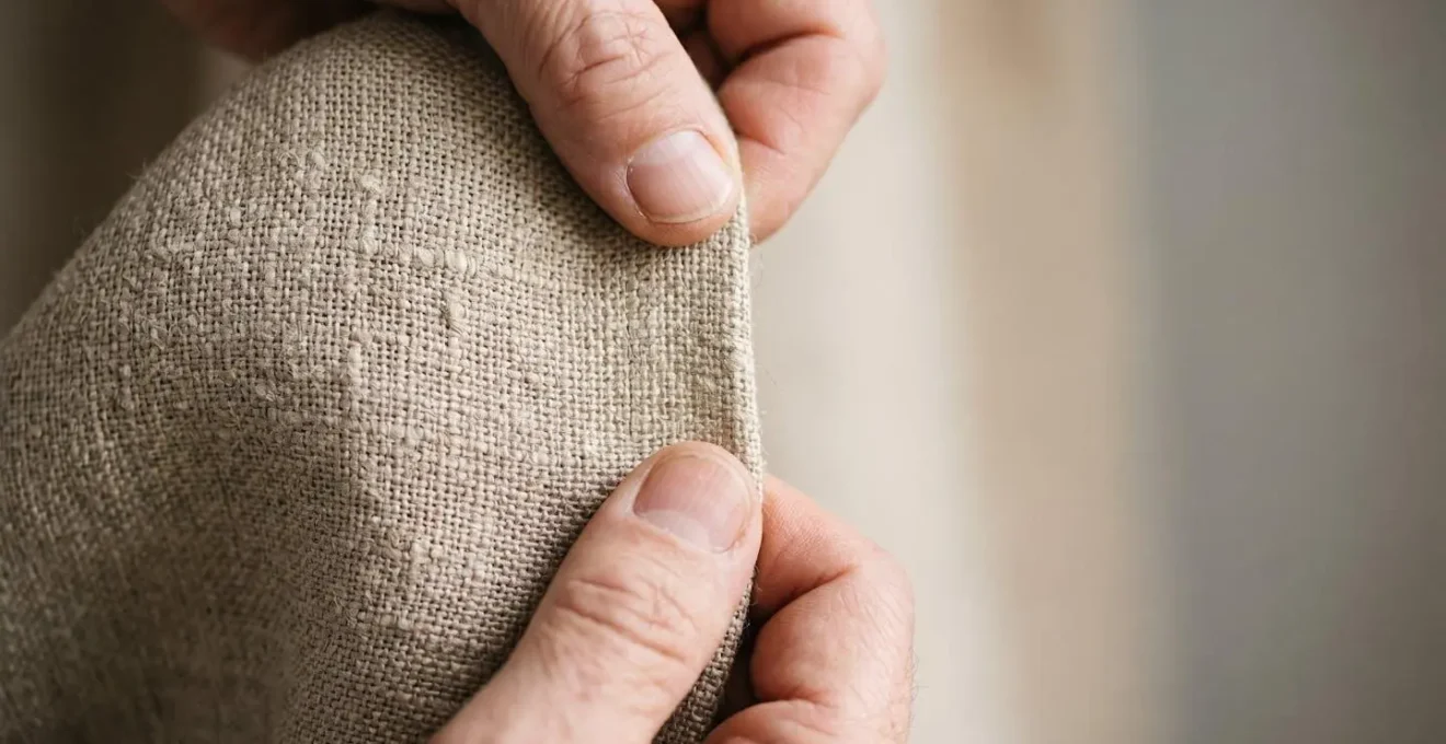 Close examination of high-quality fabric texture revealing intricate weave patterns and natural fiber characteristics
