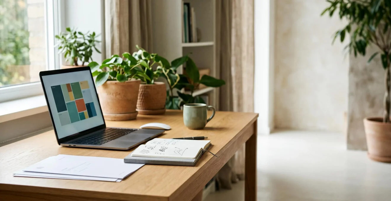Professional freelancer working on targeted client research and personalized outreach strategy in modern home office environment