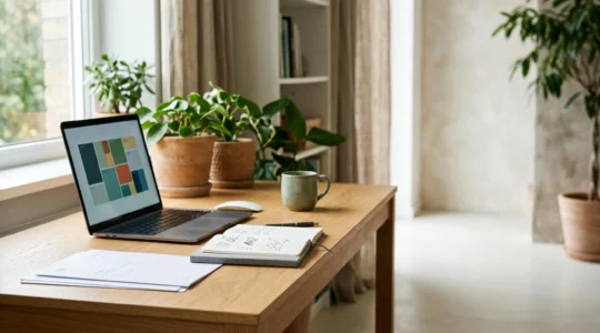 Professional freelancer working on targeted client research and personalized outreach strategy in modern home office environment