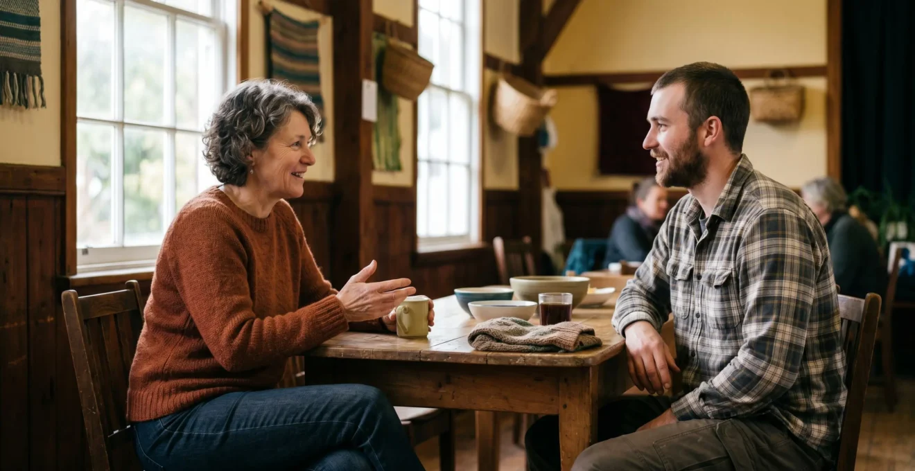 Two people engaged in meaningful conversation at a community gathering space, emphasizing authentic human connection beyond tourist experiences