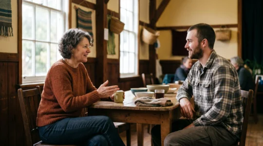 Two people engaged in meaningful conversation at a community gathering space, emphasizing authentic human connection beyond tourist experiences