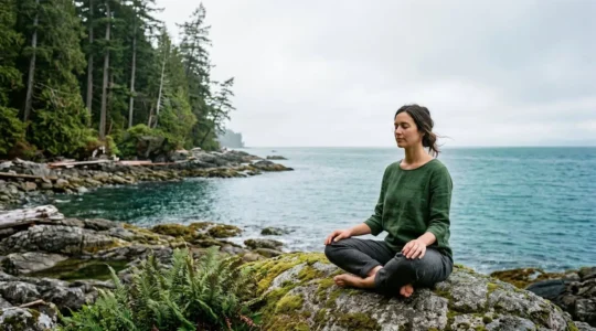 A person in balanced contemplative pose within a natural, harmonious environment representing holistic life integration