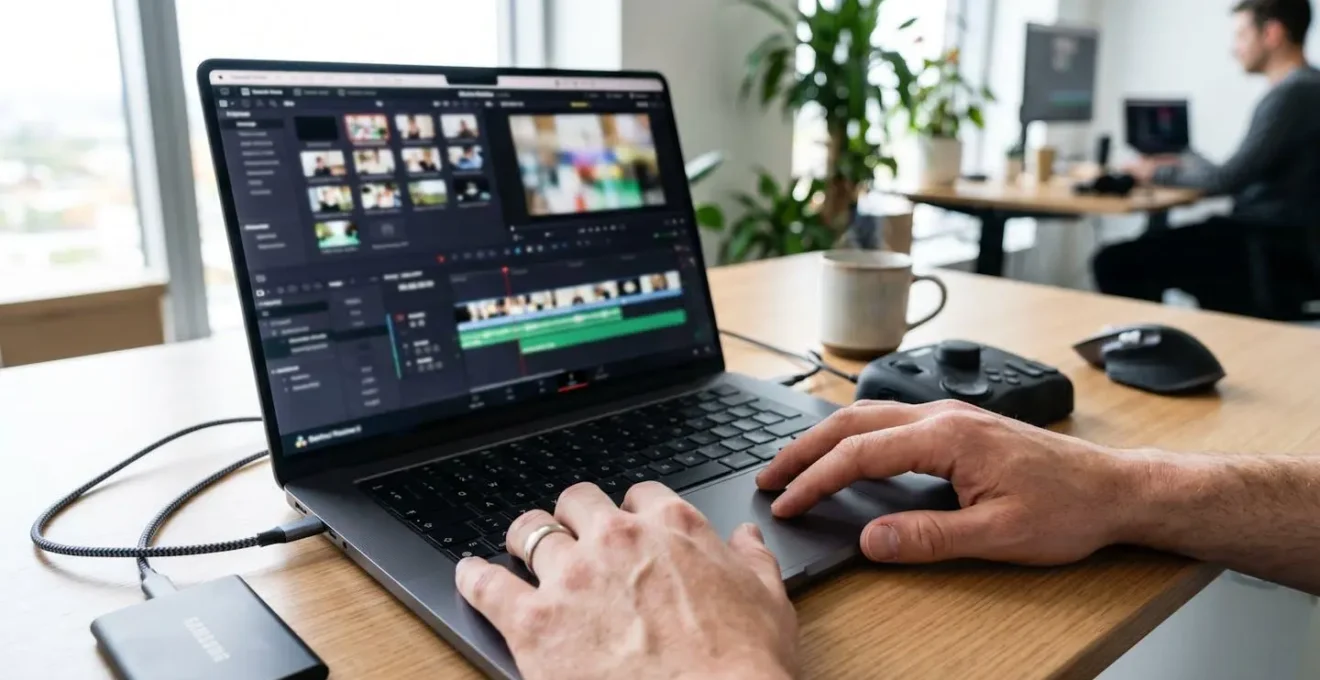 Close-up view of hands positioned on a laptop trackpad, with the screen showing an out-of-focus video editing interface in soft bokeh