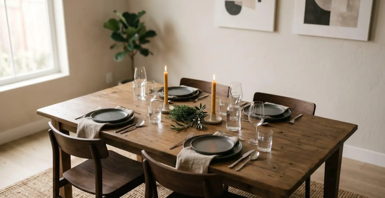 An intimate dining table set with elegant tableware and atmospheric lighting creating a sophisticated home dining experience