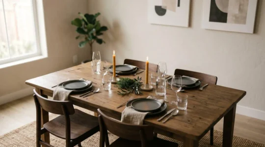 An intimate dining table set with elegant tableware and atmospheric lighting creating a sophisticated home dining experience