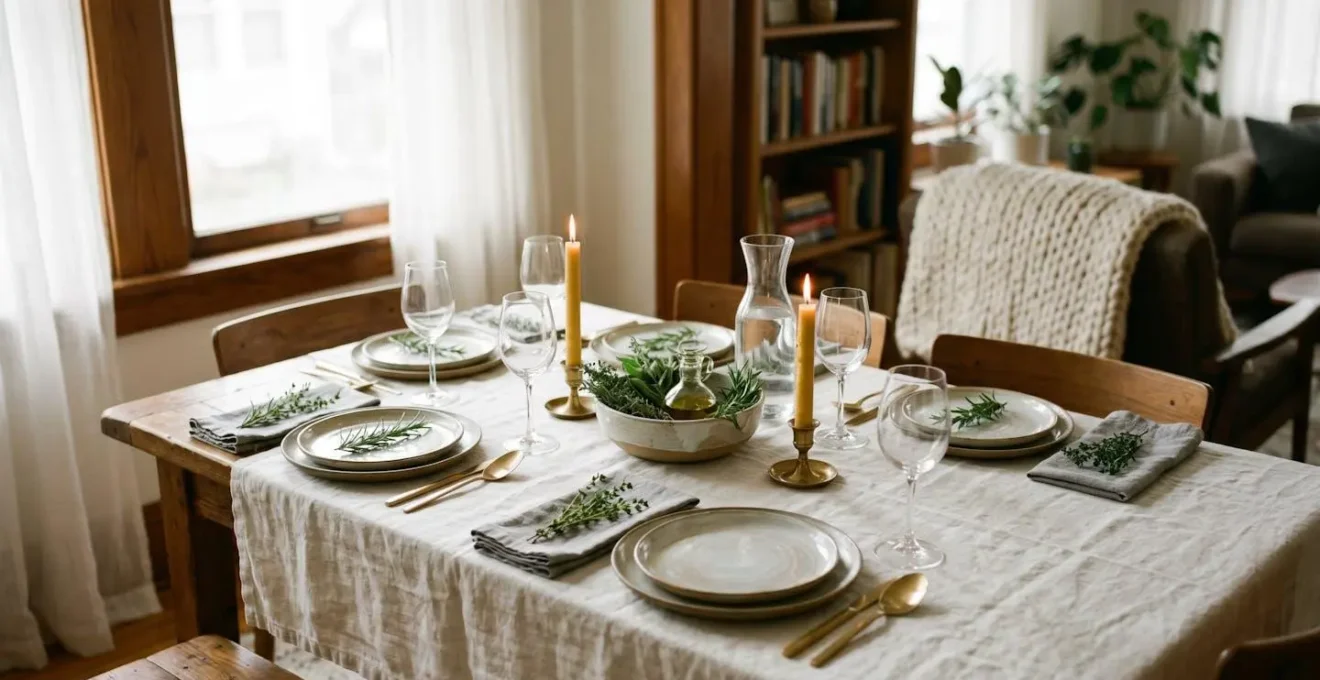 Elegantly styled home dining table with warm candlelight and thoughtfully arranged place settings creating an inviting atmosphere