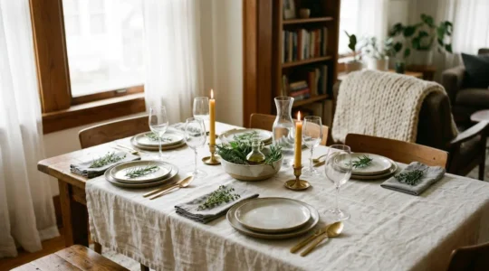 Elegantly styled home dining table with warm candlelight and thoughtfully arranged place settings creating an inviting atmosphere