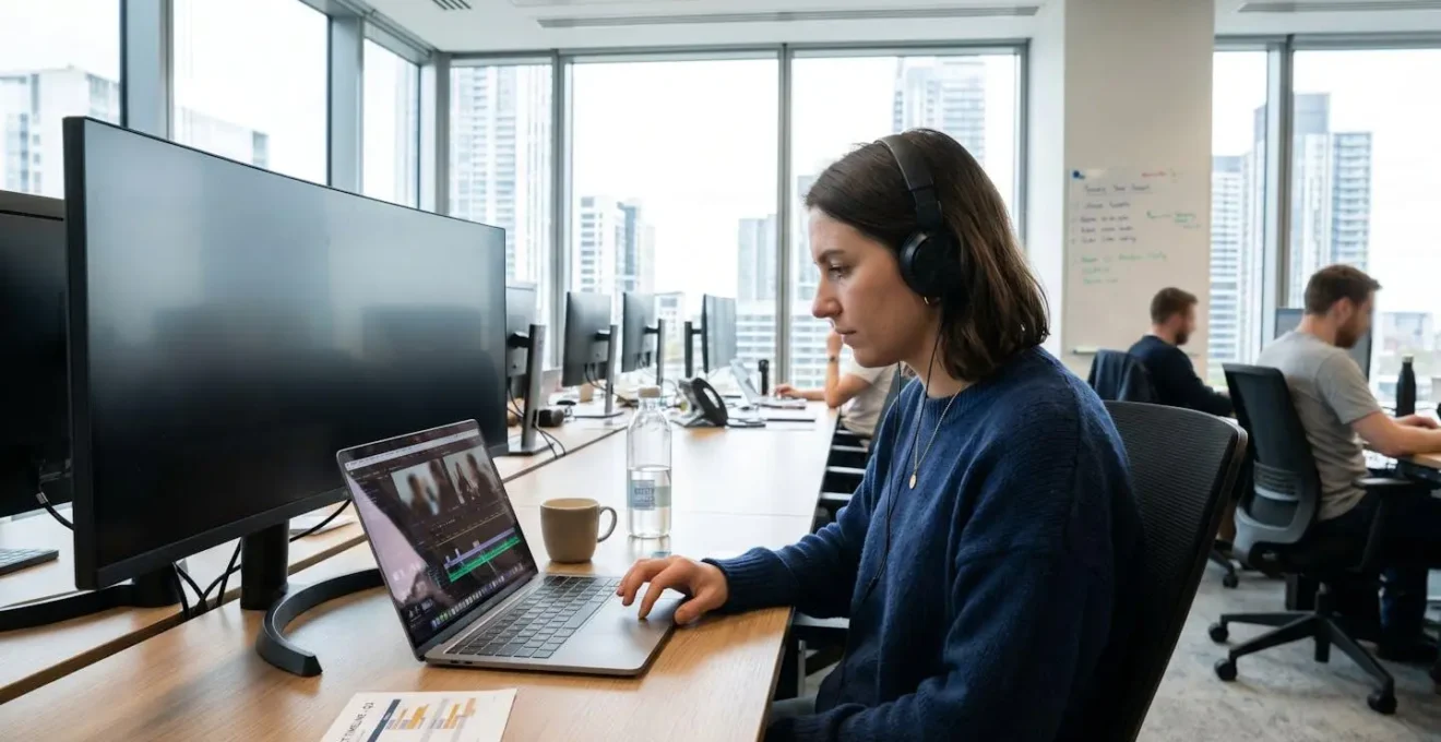 A marketing professional works at a laptop in a bright contemporary office, visible from the side as natural light illuminates the workspace