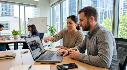 Two marketing professionals reviewing video content together on a laptop in a bright modern office with natural window light
